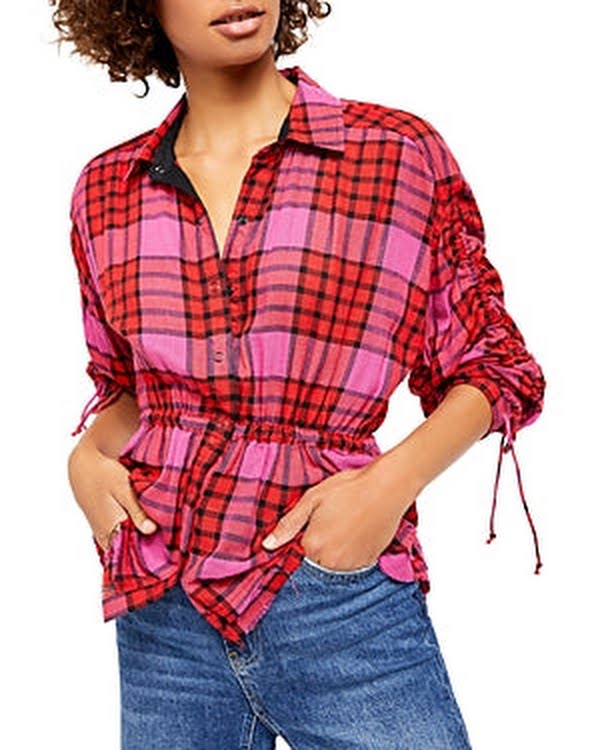 Free People Womens Plaid 3/4 Sleeve Collared Button up Top