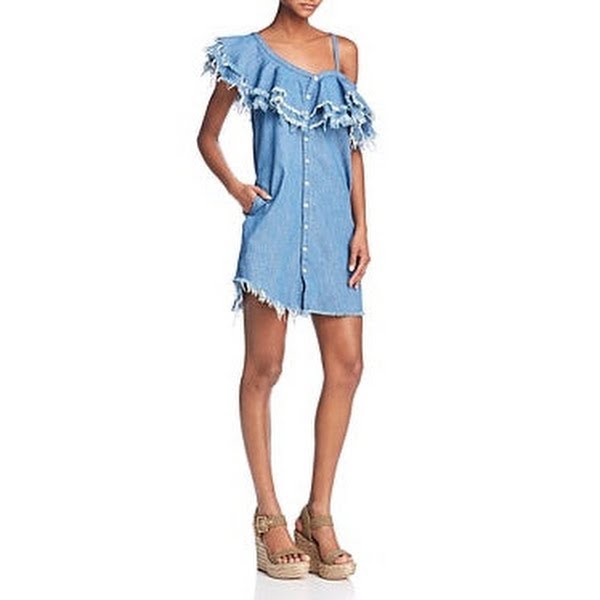 Blanknyc Making Waves Frayed Ruffled Denim Dress, Size XS