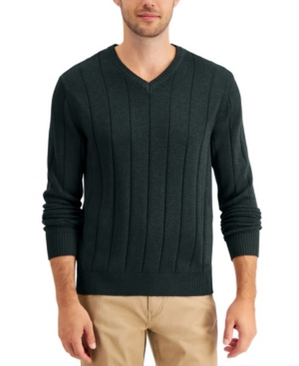 Club Room Mens Drop-Needle V-Neck Cotton Sweater, Size Medium
