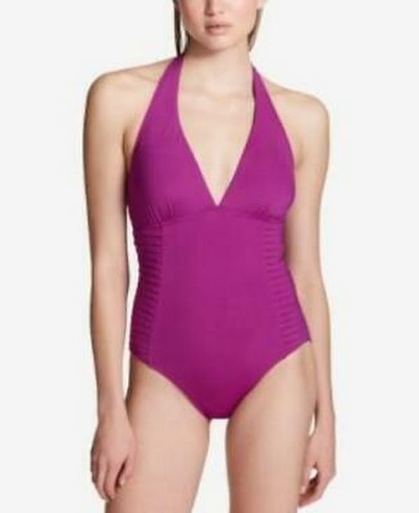 Calvin Klein Printed Side-Pleated Halter One-Piece Swimsuit