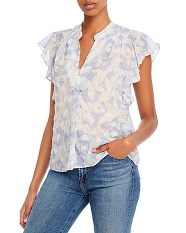 JOIE Silk Womens Light Blue Printed Flutter V Neck Top, Size XXS