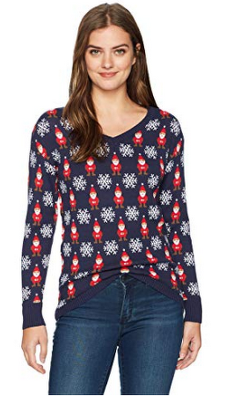Isabellas Closet Womens All Over Santa V-Neck Ugly Christmas Sweater