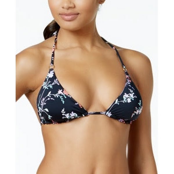 Bar III Black Floral/Stripe Reversible Triangle Halter Bikini Top, Size XS