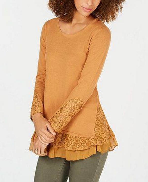 Style & Co Petite Lace Hem Tunic Sweater