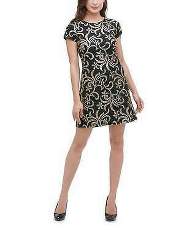 Kensie Womens Black Sequined Short Sleeve Jewel Neck Fit Flare Dress- Size 0