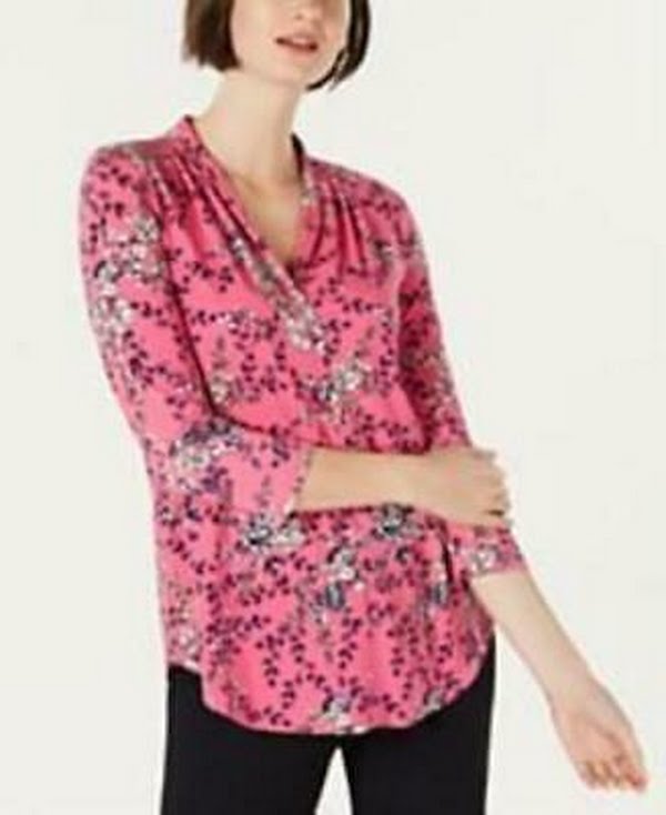 Charter Club Petite Floral-Print Pleated Top Pink, Size PL