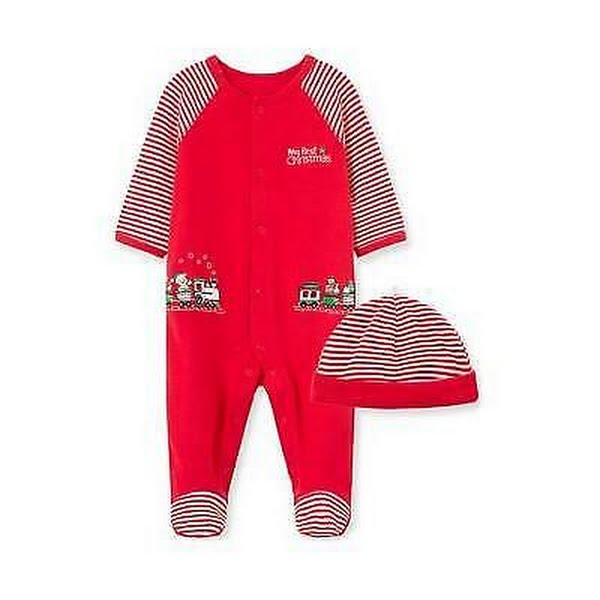 Little Me Baby Boys Red Christmas Train Footies and Hat Set Infant, 3 months