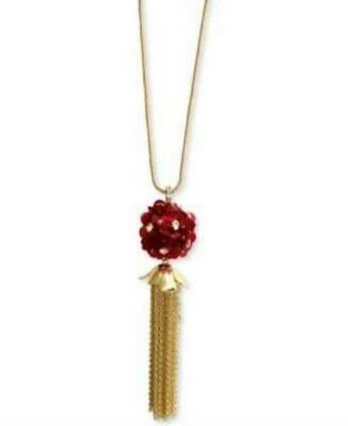 Inc Gold-Tone Crystal and Sequin Flower Chain Tassel Pendant Necklace