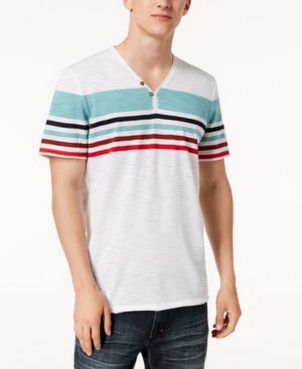 I.n.c. Mens Striped Split-Neck T-Shirt