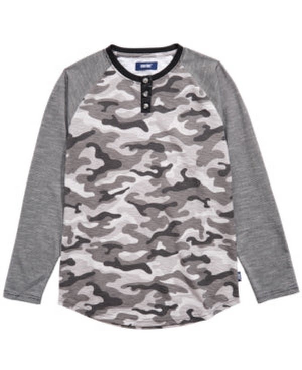 Univibe Big Boys Camo Henley, Gray, Size Extra Large