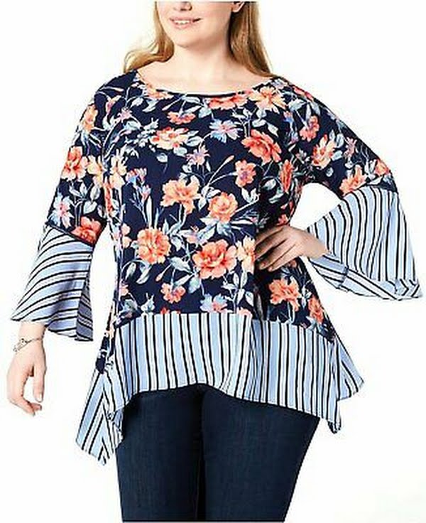NY Collection Plus Size Mixed Print Bell-Sleeve Blouse Blue, Size 1X