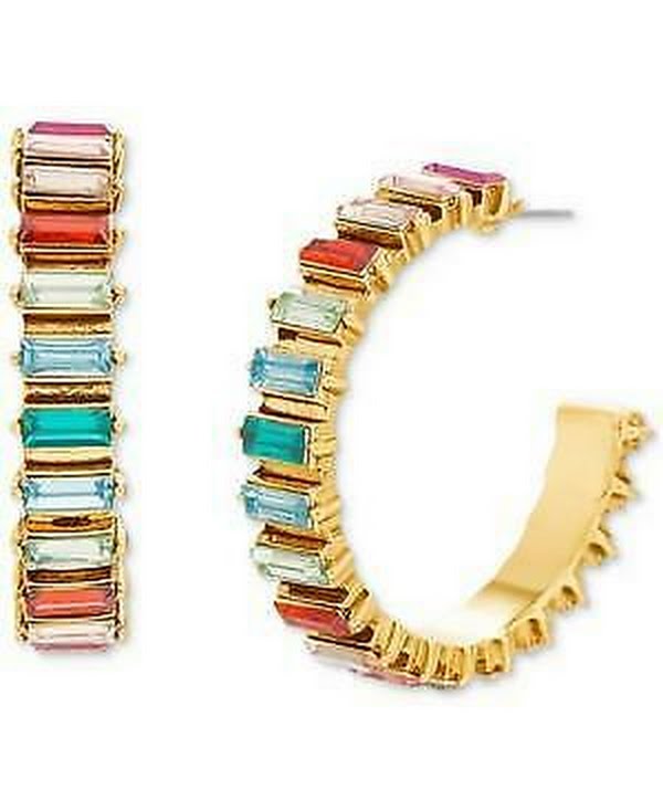 Steve Madden Gold-Tone Medium Baguette-Stone C-Hoop Earrings