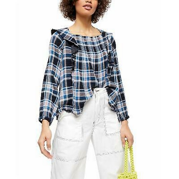 Free People Womens Navy Ruffled Ruched Cut Out Plaid Long Sleeve Top, Medium
