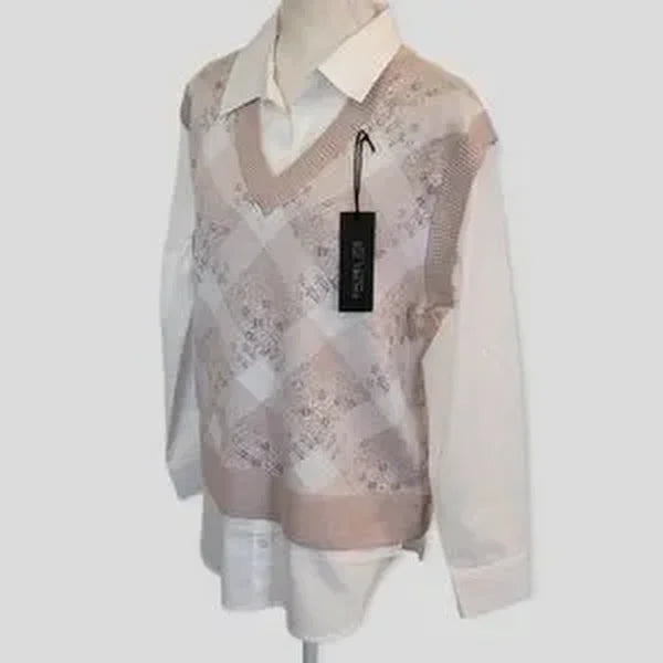 RACHEL ZOE Argyle Twofer Sweater Vest Shirt, Size Medium