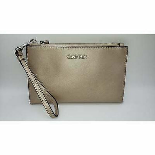 Calvin Klein Saffiano Leather Wristlet, Metallic Taupe/Silver