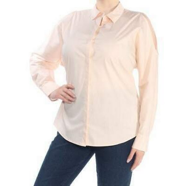 Dkny Women'S Pink Button Down Cold Shoulder Long-Sleeve Blouse Top Shirt, Large