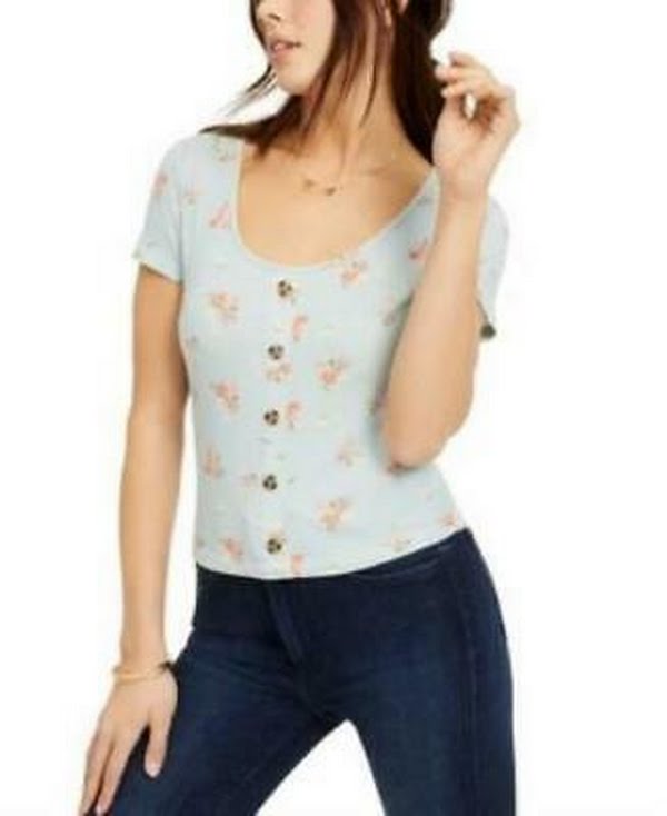 Hippie Rose Printed Button-Trimmed Waffle-Knit Top