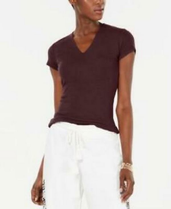 Inc International Concepts Short Sleeve Ribbed V-Neck Top, Size XS