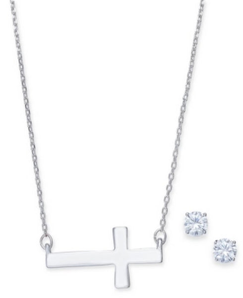 Alfani Cross Collar Necklace and Crystal Stud Earrings Set