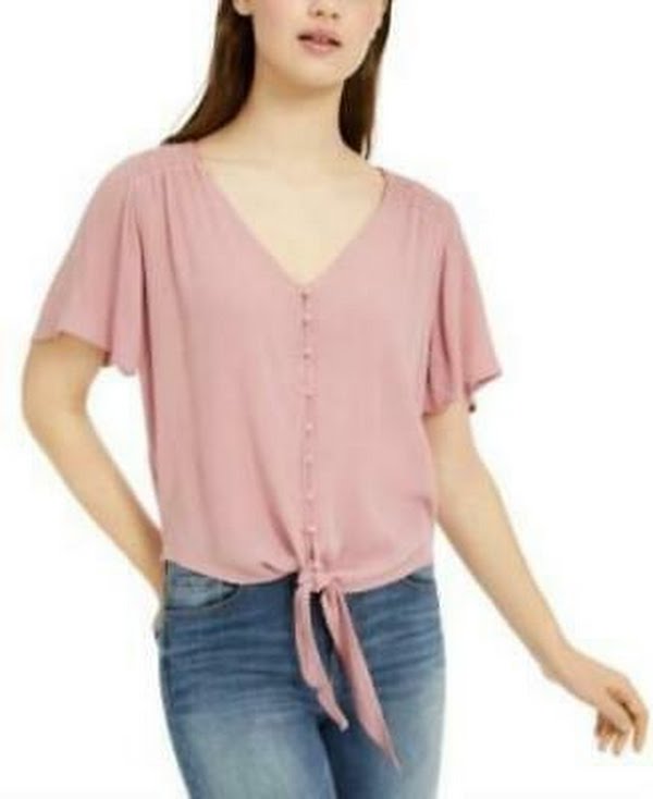 Ultra Flirt Juniors Button-Front Tie-Waist Blouse