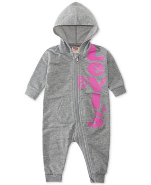 Levis Baby Girls Hooded Logo-Print French Terry Coverall, 3Mo/Gray