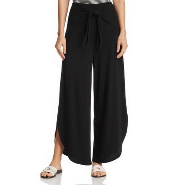 Aqua Rib Knot Front Wide Leg Pants, Black, Size Small