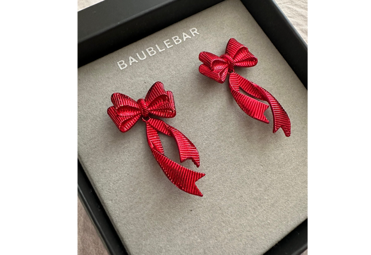 BaubleBar Red Bow Holiday Present Ribbon Earrings Dangle Christmas Festive