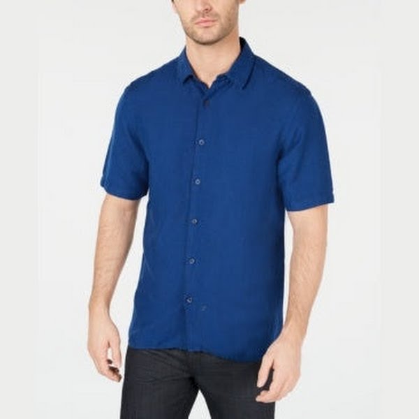 Alfani Mens Linen Blend Wear to Work Button-Down Shirt, Medium, Navy Night