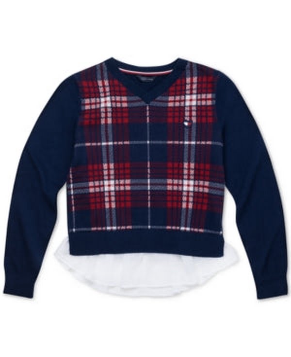 Tommy Hilfiger Girls Cotton Plaid Peplum Sweater, Size 5