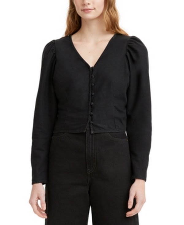 Levis Teegan Cotton Mutton-Sleeve Blouse – Black, Size Small