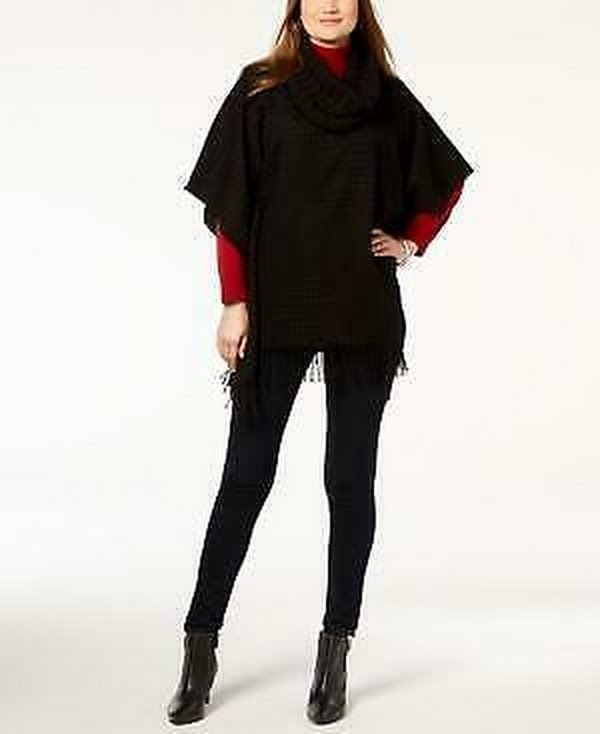 V. Fraas Cowl-Neck Fringe Knit Poncho, Black One Size