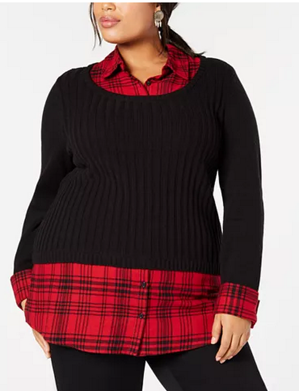 Style & Co Plus Size Layered-Look Plaid  Sweater Top, Size: 0X