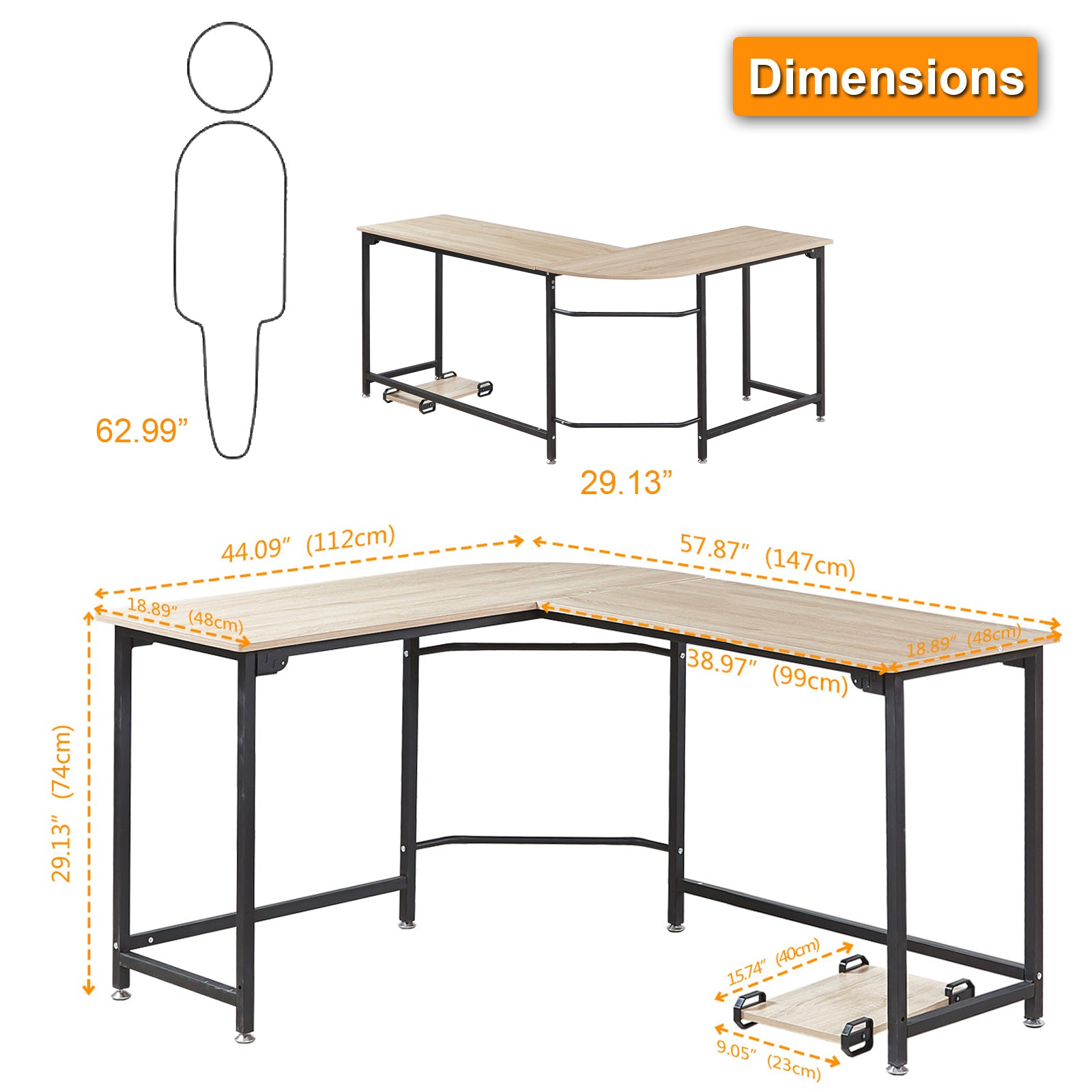 Elephance L-shaped Corner Computer Desk Workstation Wood andMetal Large Size