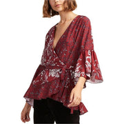 French Connection Womens Ellette Crepe Wrap Blouse, Red, Large