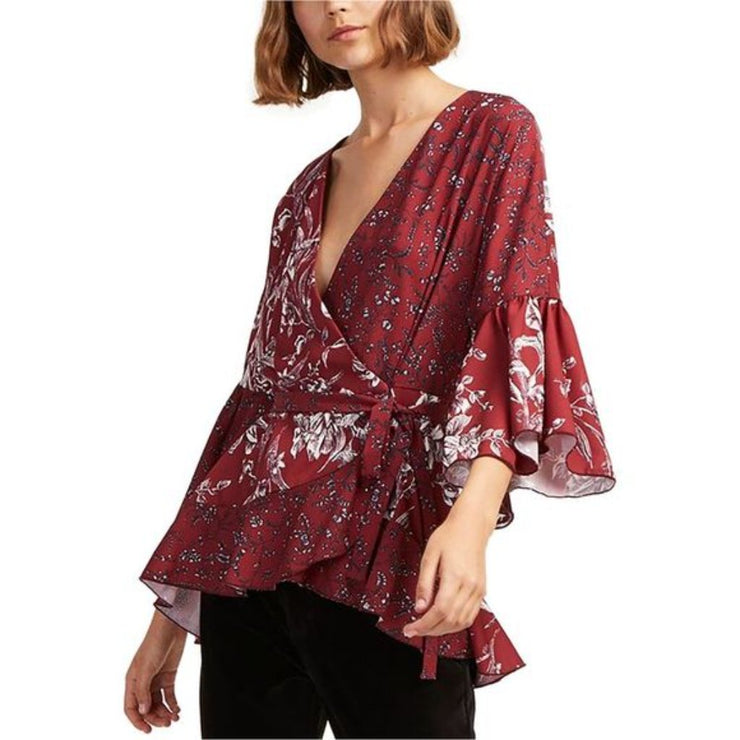 French Connection Womens Ellette Crepe Wrap Blouse, Red, Large