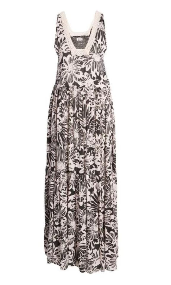 Free People Washed Black Combo Sleeveless Floral Tiered Maxi Dress, Size Large
