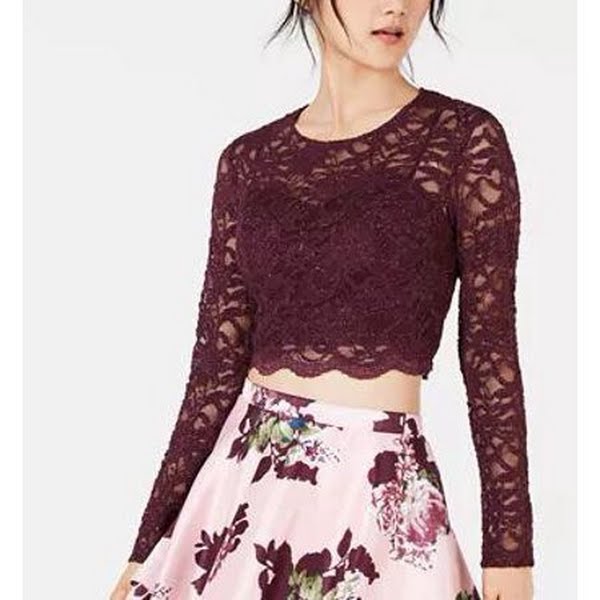 City Studios Juniors Long Sleeve Wine Lace Top  Size 1
