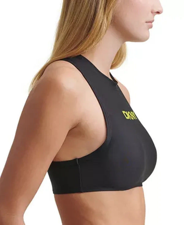 DKNY Womens Black Logo Stretch Zippered Sporty Swimsuit Top