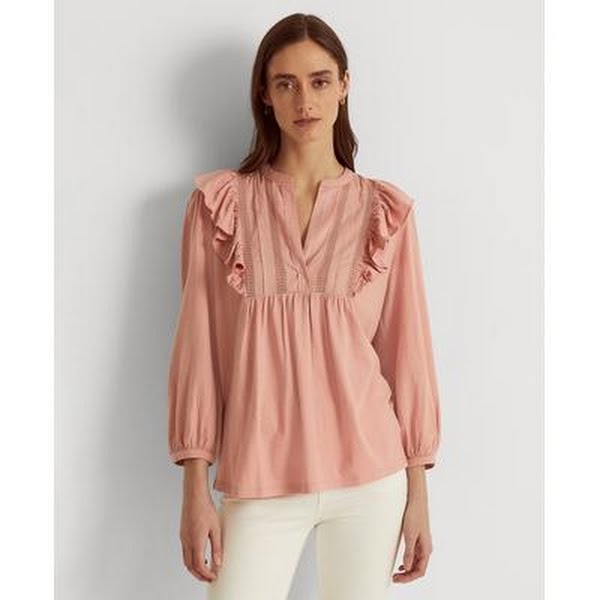 Lauren Ralph Lauren Bib-Front Cotton-Blend Top – Rose Tan, Size Large