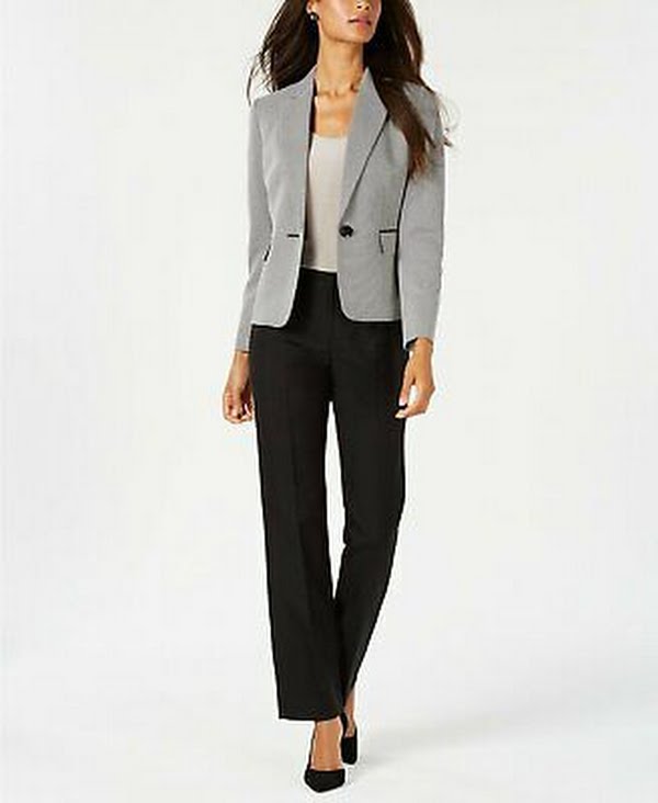 Le Suit One-Button Textured Jacket And Pants Pantsuit,  Black/White Size 12P