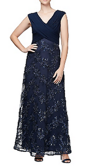 Alex Evenings Women's Long Rosette Short- Sleeve Sequin Detail Dress, Size 12