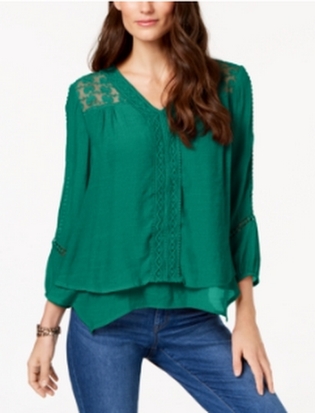 Style & Co Petite Layered-Hem Crochet Woven Top, Size PL