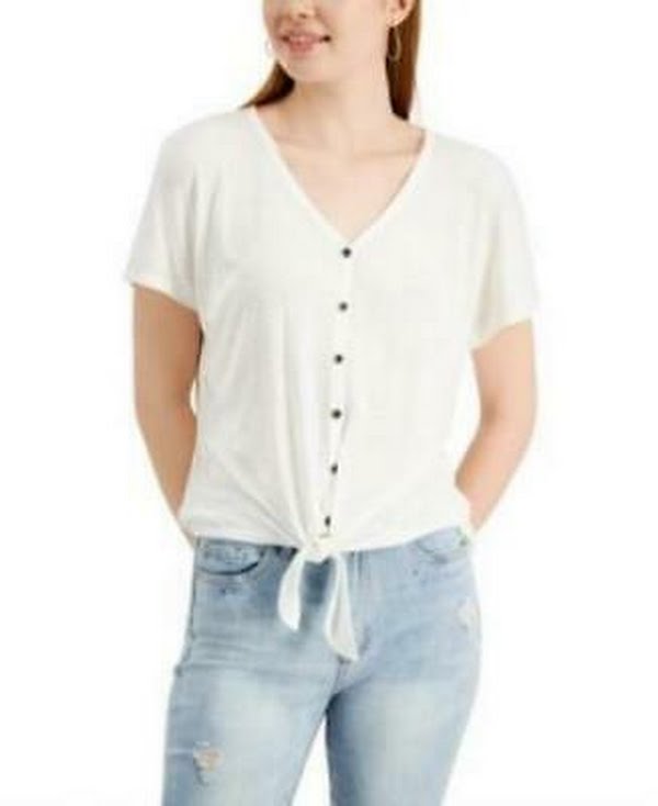 Hippie Rose Juniors Tie-Front Button-Trimmed Top