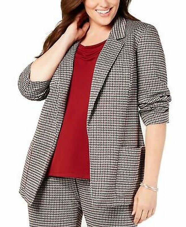 Nine West Womens Plus Houndstooth Print Boxy Jacket