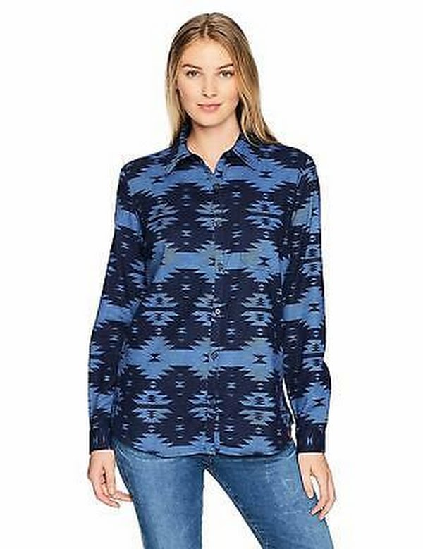 Dickies Women's Long Sleeve Pattern Shirt, French Blue/Deep Blue Print, XX-Large