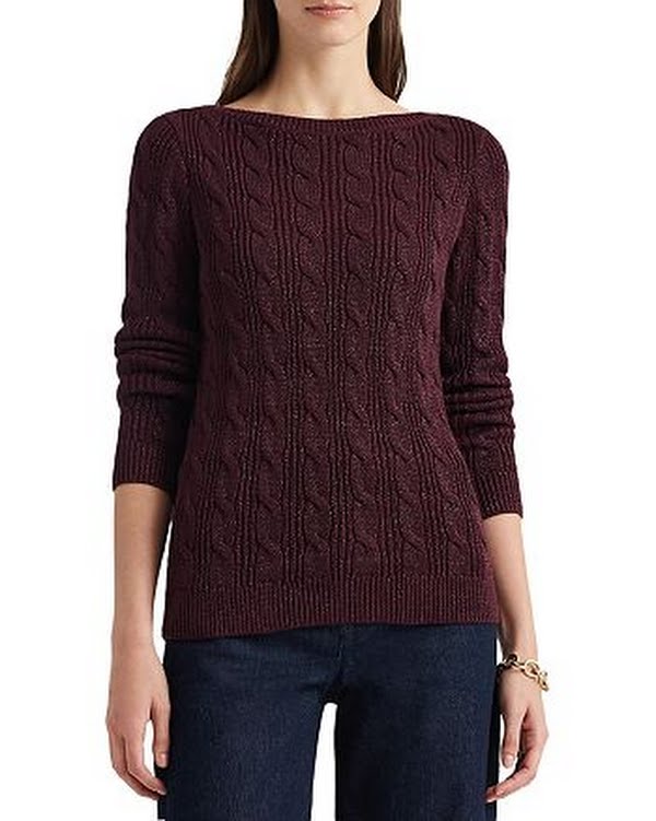 Lauren Ralph Lauren Lurex Cable Knit Boat Neck Sweater, Size XL