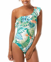 Vince Camuto Printed Ruffle One-Shoulder One-Piece Swimsuit, Size 10