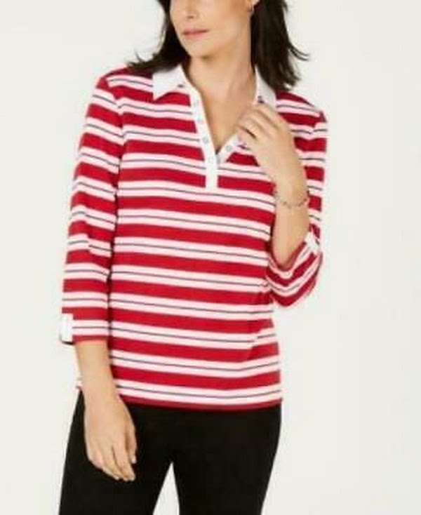 Karen Scott Petite Striped Collared Grommet Top