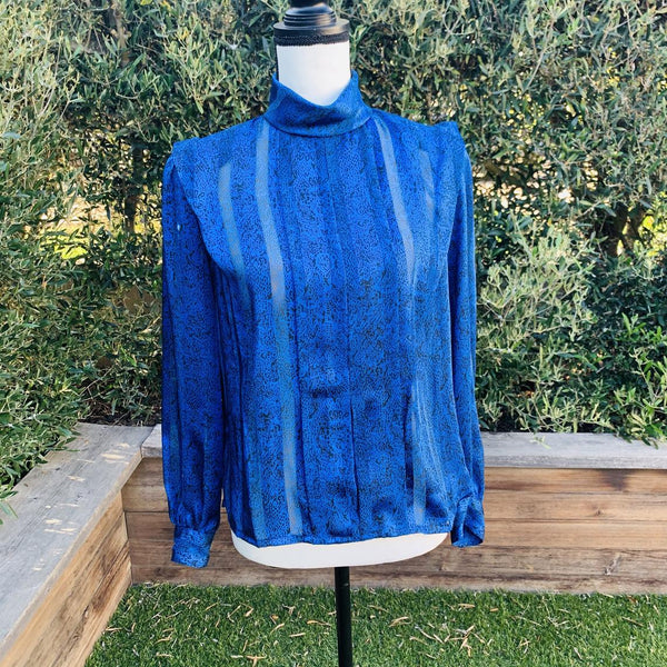 Vintage 1980’s Nicola Blue High Neck Blouse, size 10