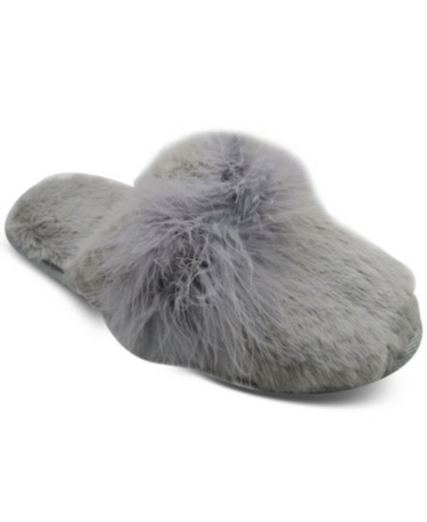 Jenni Critter Cat Ears Faux-Fur Scuff Womens Slide Slippers – Grey- Small(5–6)